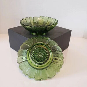 Vtg set of 2  Indiana Glass Green Sunflower Design Textured Candle Holders .